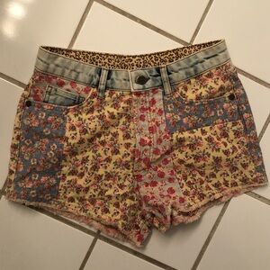 NWT FARM Rio Anthropologie denim floral patchwork jean shorts mixed print
